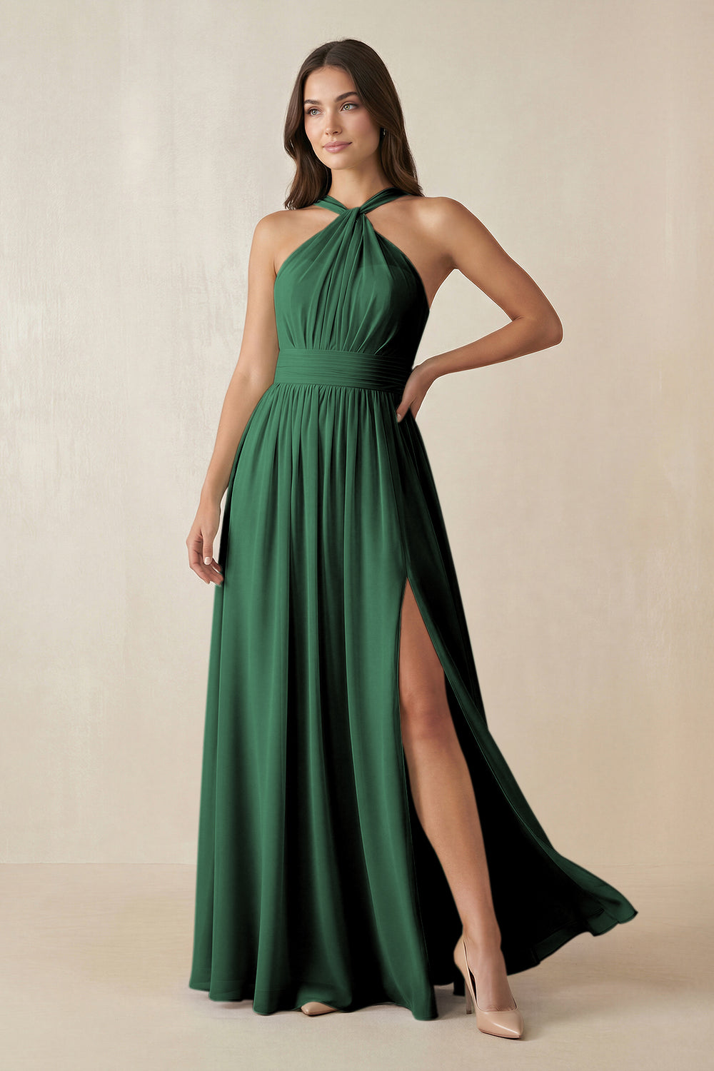 Halter Neck Ruched A-Line Chiffon Bridesmaid Dress in Dark Green