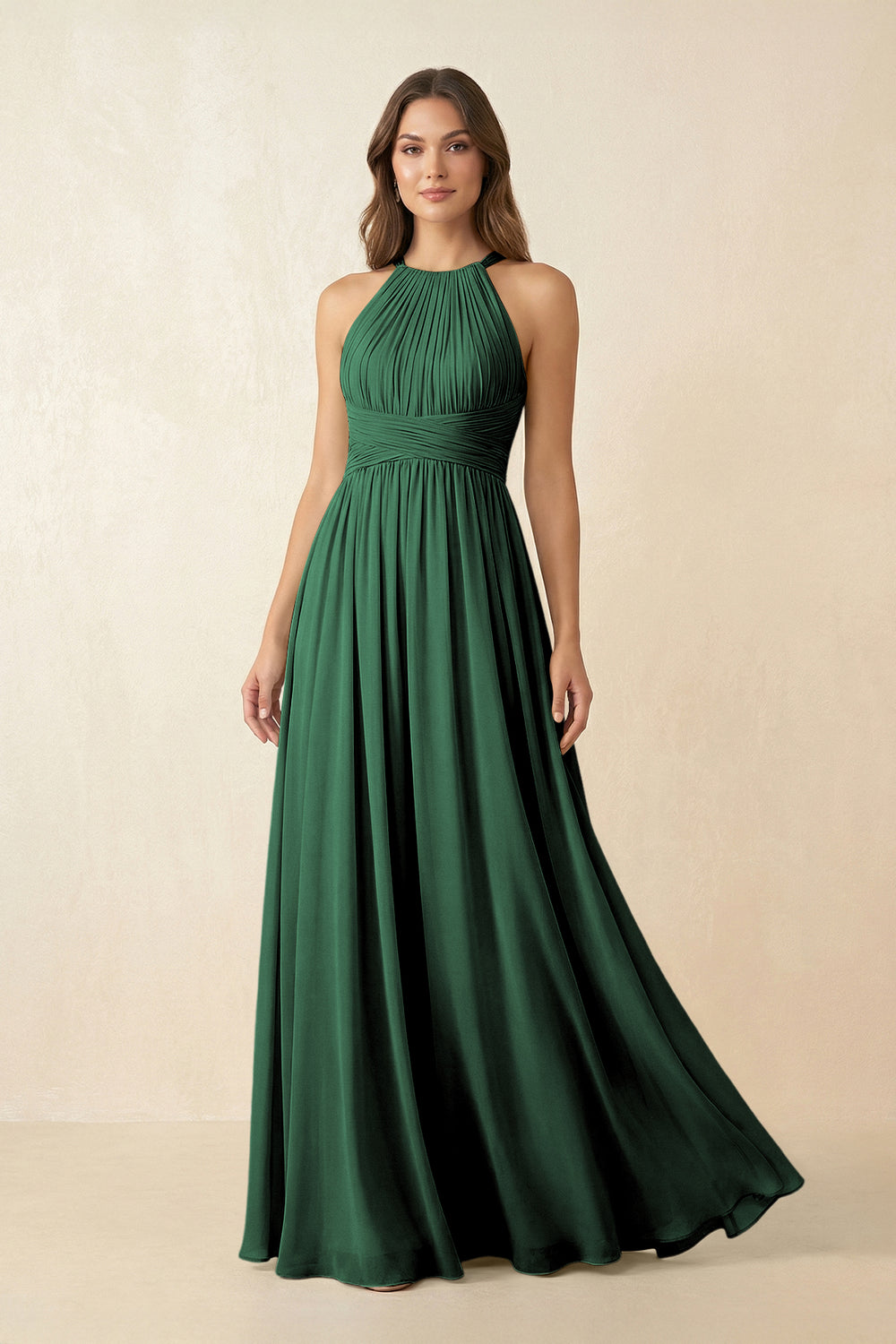Halter Pleated A-Line Chiffon Bridesmaid Dress in Dark Green