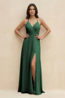 Dark Green Halter Sheath Long Chiffon Bridesmaid Dress | KISSBRIDAL
