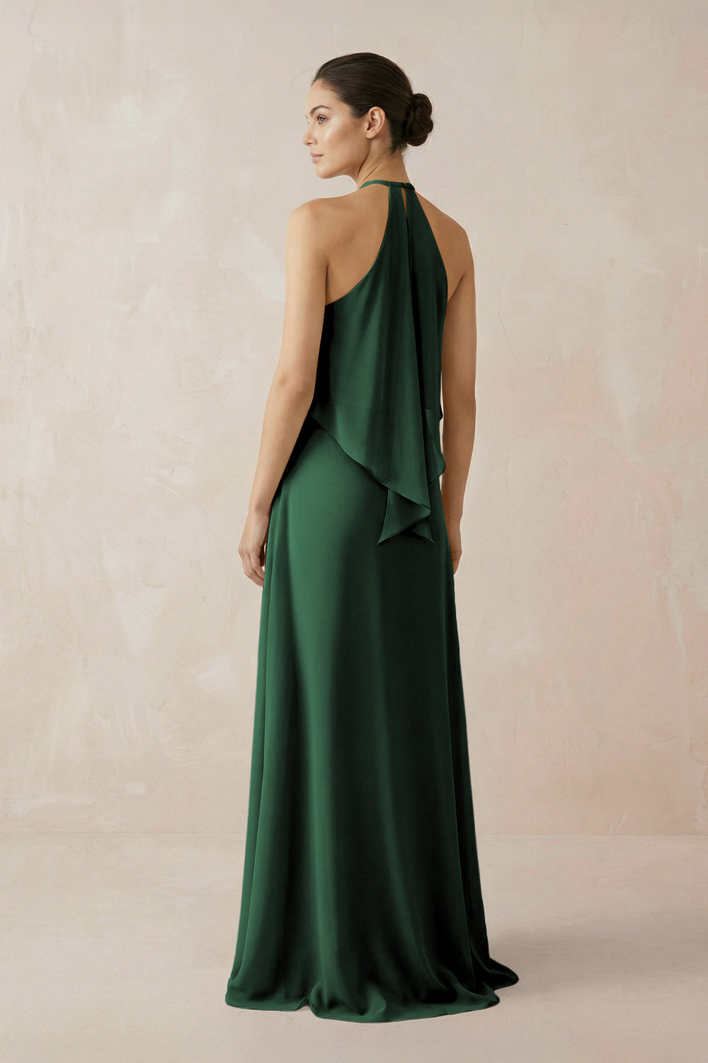 Halter Sheath Ruffled Chiffon Bridesmaid Dress in Dark Green