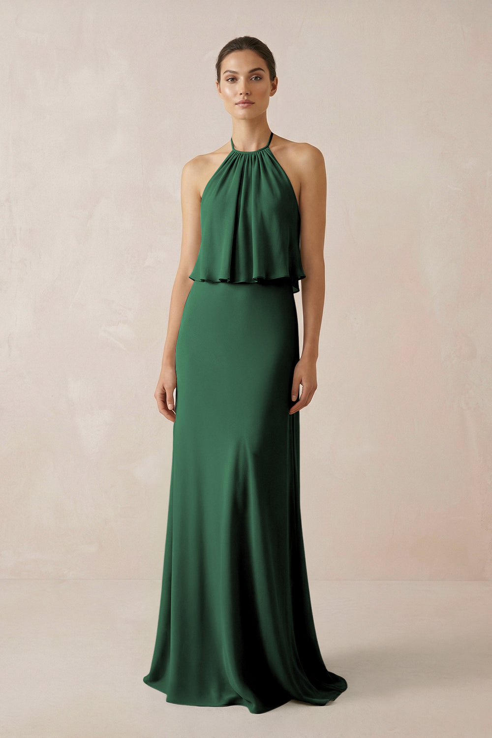 Halter Sheath Ruffled Chiffon Bridesmaid Dress in Dark Green