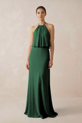 Dark Green Halter Sheath Ruffled Chiffon Bridesmaid Dress | KISSBRIDAL