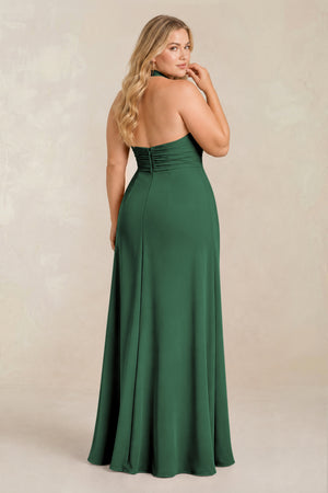 Dark Green High Neck Chiffon Sheath Ruched Bridesmaid Dress (2) [sizeplus] | KISSBRIDAL