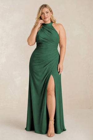 Dark Green High Neck Chiffon Sheath Ruched Bridesmaid Dress [sizeplus] | KISSBRIDAL