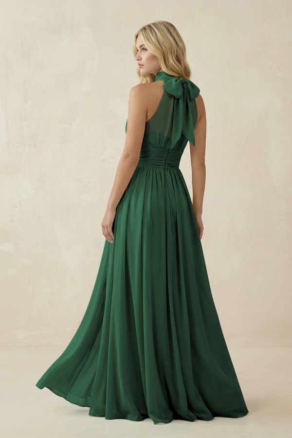 Dark Green Illusion Halter A-Line Chiffon Bridesmaid Gown (2) | KISSBRIDAL
