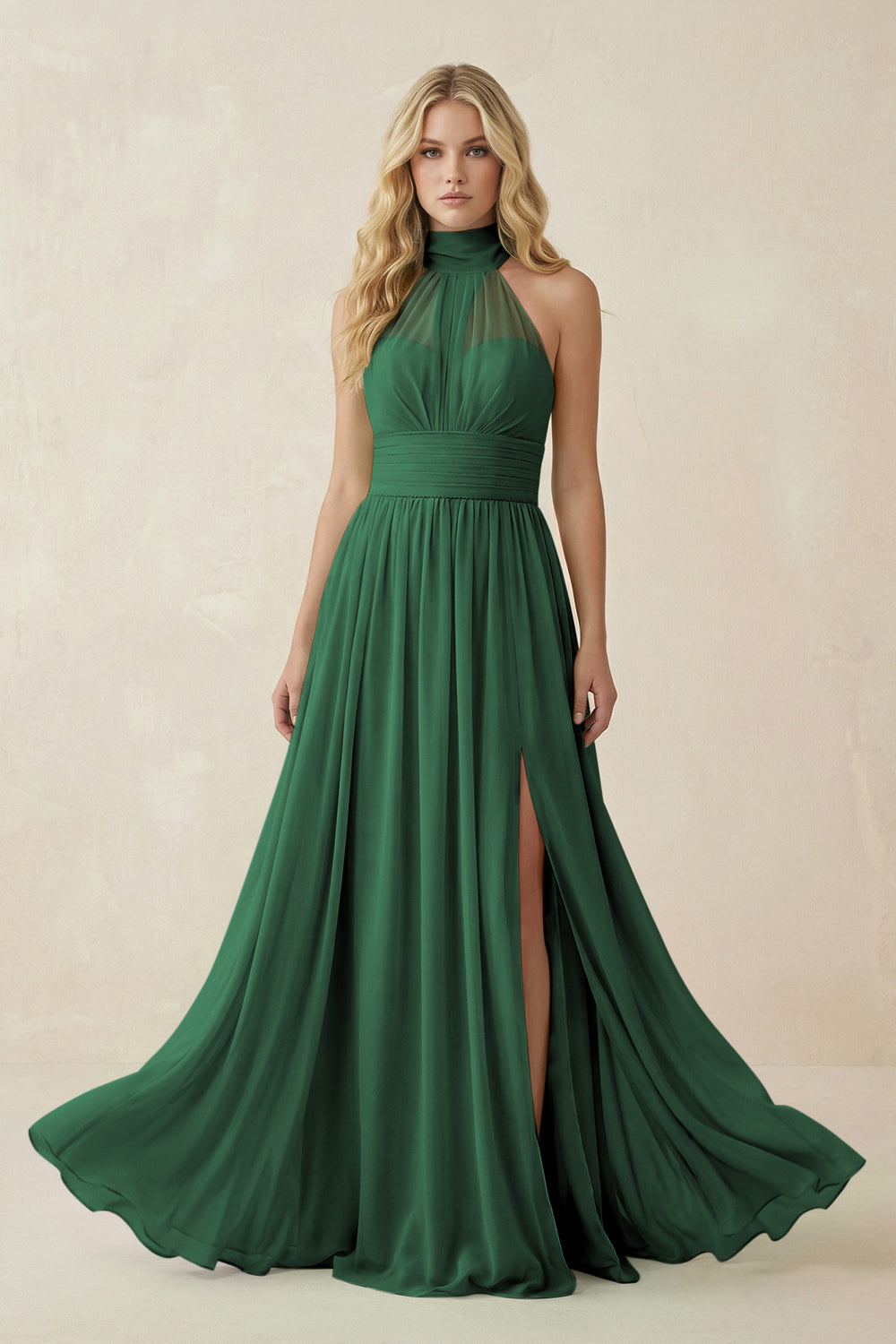 Illusion Halter A-Line Chiffon Bridesmaid Gown in Dark Green