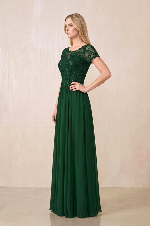 Dark Green Illusion Neck A-Line Chiffon Cap Sleeves Mother of the Bride Dress (3) | KISSBRIDAL