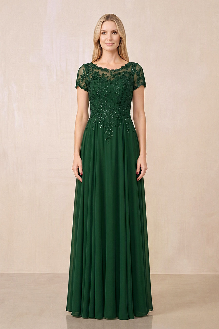 Dark Green Illusion Neck A-Line Chiffon Cap Sleeves Mother of the Bride Dress