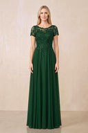 Dark Green Illusion Neck A-Line Chiffon Cap Sleeves Mother of the Bride Dress | KISSBRIDAL