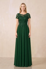 Dark Green Illusion Neck A-Line Chiffon Cap Sleeves Mother of the Bride Dress | KISSBRIDAL
