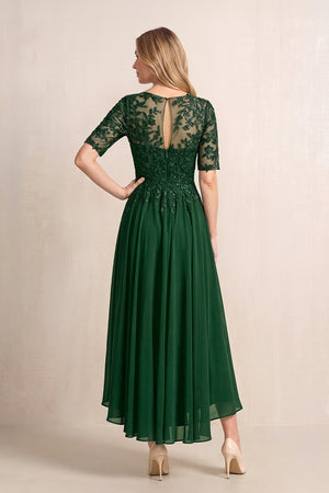 Dark Green Illusion Neck A-Line Chiffon Lace Midi Mother of the Bride Dress with Half Sleeves (2) | KISSBRIDAL