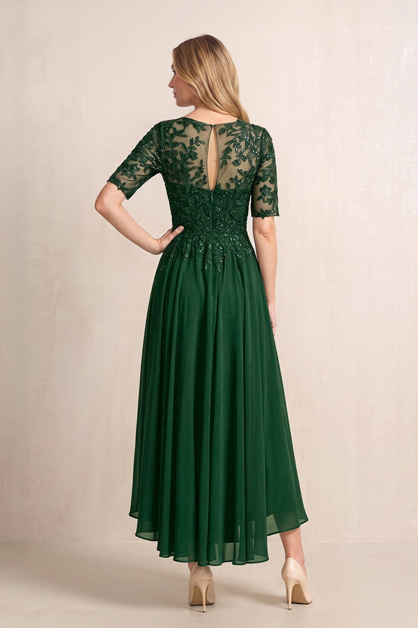Dark Green Illusion Neck A-Line Chiffon Lace Midi Mother of the Bride Dress with Half Sleeves (2) | KISSBRIDAL