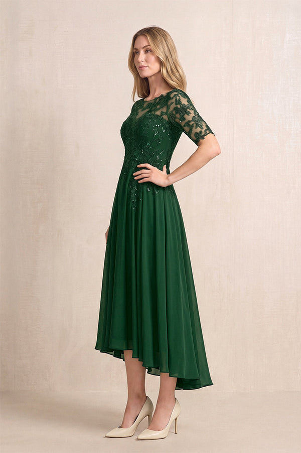 Dark Green Illusion Neck A-Line Chiffon Lace Midi Mother of the Bride Dress with Half Sleeves (3) | KISSBRIDAL