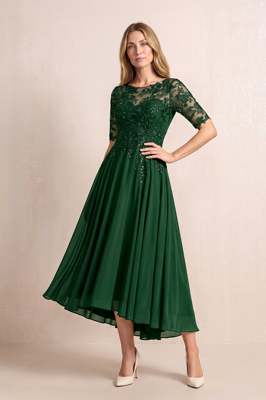 Dark Green Illusion Neck A-Line Chiffon Lace Midi Mother of the Bride Dress with Half Sleeves