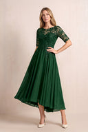 Dark Green Illusion Neck A-Line Chiffon Lace Midi Mother of the Bride Dress with Half Sleeves | KISSBRIDAL