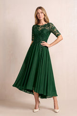 Dark Green Illusion Neck A-Line Chiffon Lace Midi Mother of the Bride Dress with Half Sleeves | KISSBRIDAL