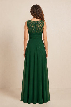 Dark Green Illusion Neck A-Line Satin Embroidered Pleated Mother of the Bride Dress (2) | KISSBRIDAL
