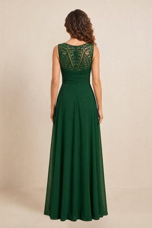 Dark Green Illusion Neck A-Line Satin Embroidered Pleated Mother of the Bride Dress (2) | KISSBRIDAL