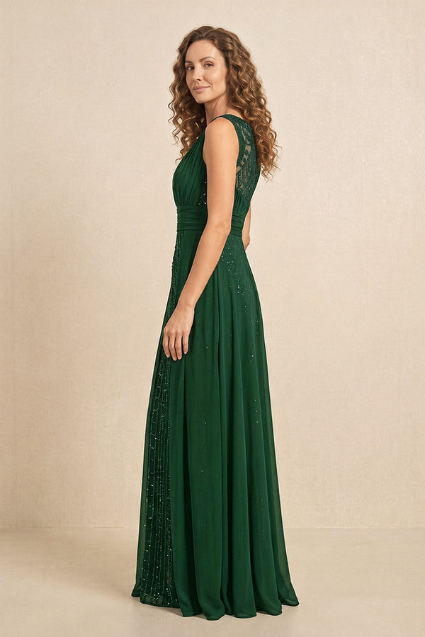 Dark Green Illusion Neck A-Line Satin Embroidered Pleated Mother of the Bride Dress (3) | KISSBRIDAL