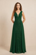 Dark Green Illusion Neck A-Line Satin Embroidered Pleated Mother of the Bride Dress | KISSBRIDAL