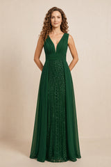 Dark Green Illusion Neck A-Line Satin Embroidered Pleated Mother of the Bride Dress | KISSBRIDAL