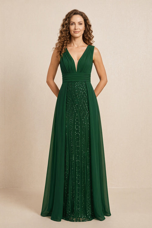 Dark Green Illusion Neck A-Line Satin Embroidered Pleated Mother of the Bride Dress | KISSBRIDAL