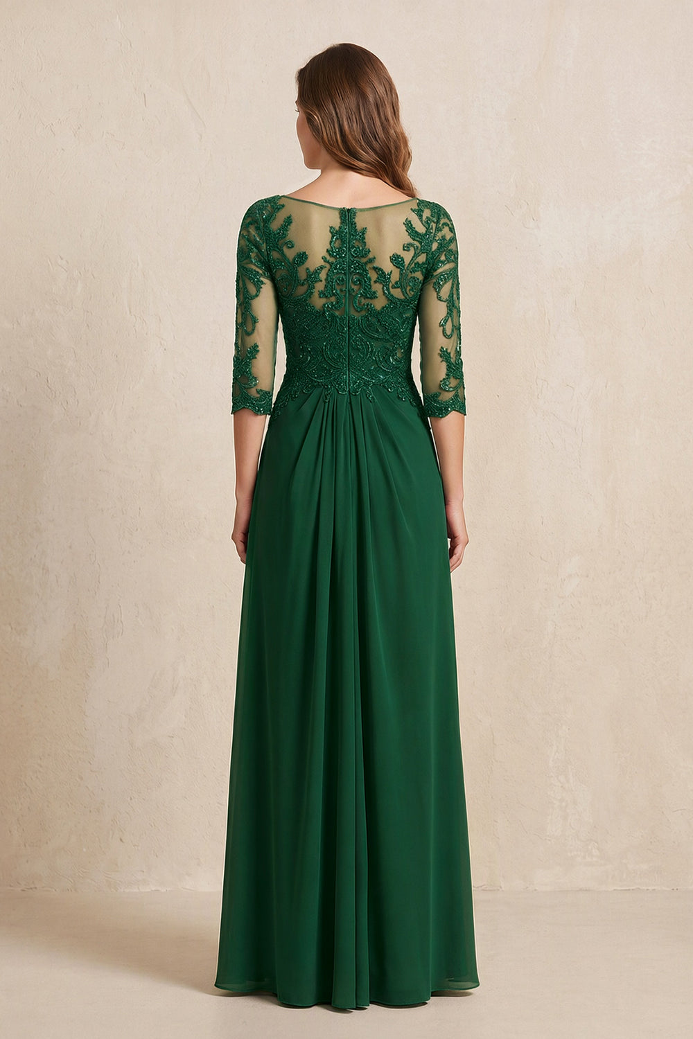 Dark Green Illusion Neck Sheath Embroidered Chiffon Mother of the Bride Dress with Half Sleeves