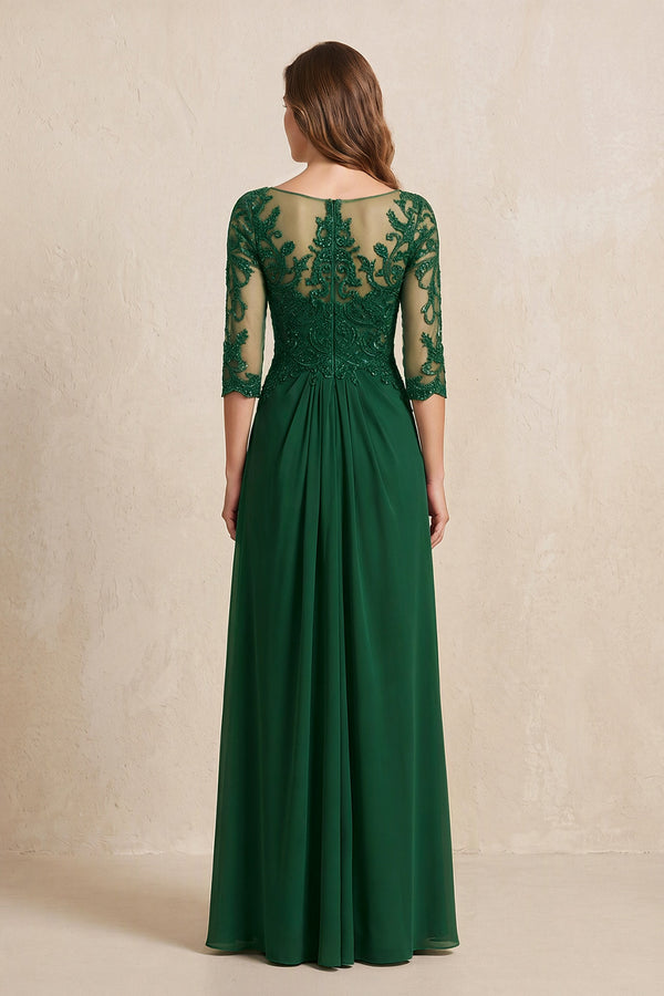 Dark Green Illusion Neck Sheath Embroidered Chiffon Mother of the Bride Dress with Half Sleeves (2) | KISSBRIDAL