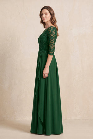 Dark Green Illusion Neck Sheath Embroidered Chiffon Mother of the Bride Dress with Half Sleeves (3) | KISSBRIDAL