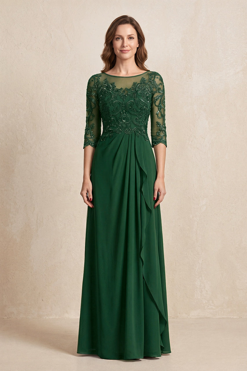 Dark Green Illusion Neck Sheath Embroidered Chiffon Mother of the Bride Dress with Half Sleeves