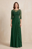 Dark Green Illusion Neck Sheath Embroidered Chiffon Mother of the Bride Dress with Half Sleeves | KISSBRIDAL