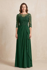 Dark Green Illusion Neck Sheath Embroidered Chiffon Mother of the Bride Dress with Half Sleeves | KISSBRIDAL