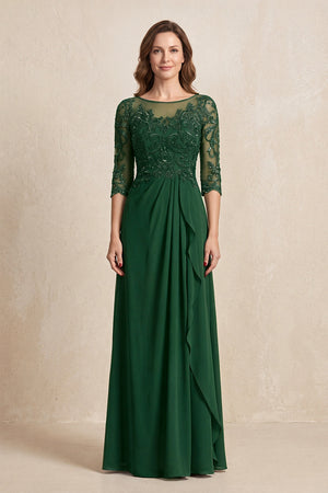 Dark Green Illusion Neck Sheath Embroidered Chiffon Mother of the Bride Dress with Half Sleeves | KISSBRIDAL