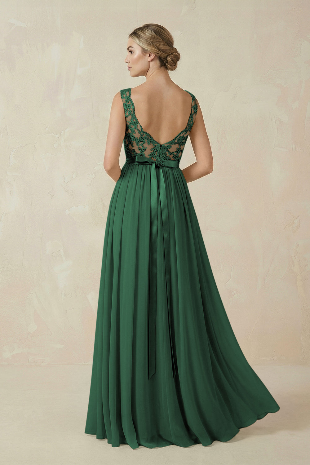 Lace A-Line Bateau Neck Chiffon Long Bridesmaid Dress in Dark Green