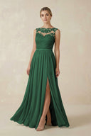 Dark Green Lace A-Line Bateau Neck Chiffon Long Bridesmaid Dress | KISSBRIDAL