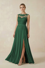 Dark Green Lace A-Line Bateau Neck Chiffon Long Bridesmaid Dress | KISSBRIDAL