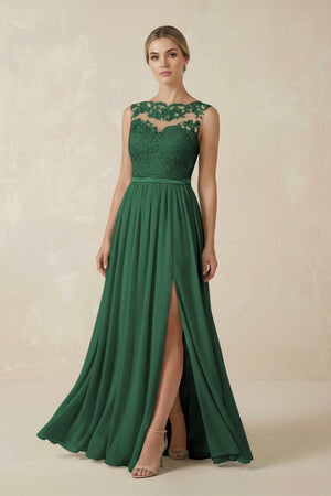 Dark Green Lace A-Line Bateau Neck Chiffon Long Bridesmaid Dress | KISSBRIDAL