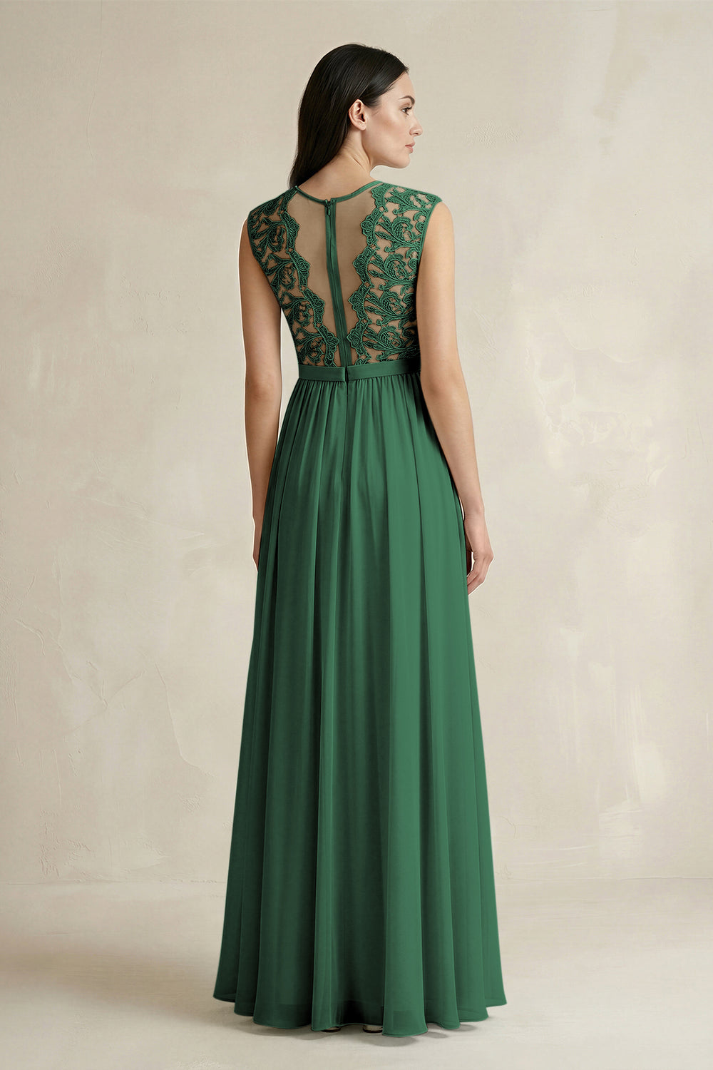 Lace Chiffon A-Line Round Neck Bridesmaid Dress in Dark Green