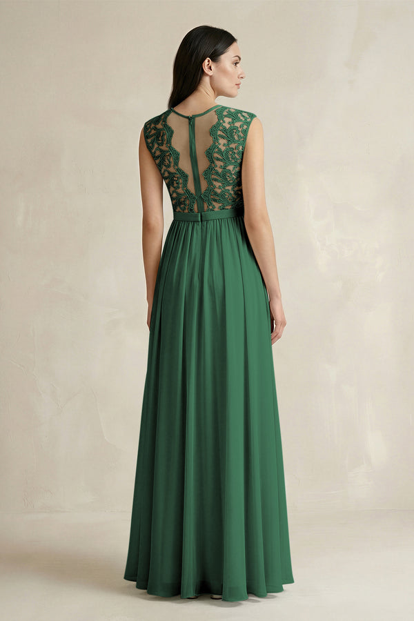 Dark Green Lace Chiffon A-Line Round Neck Bridesmaid Dress (2) | KISSBRIDAL