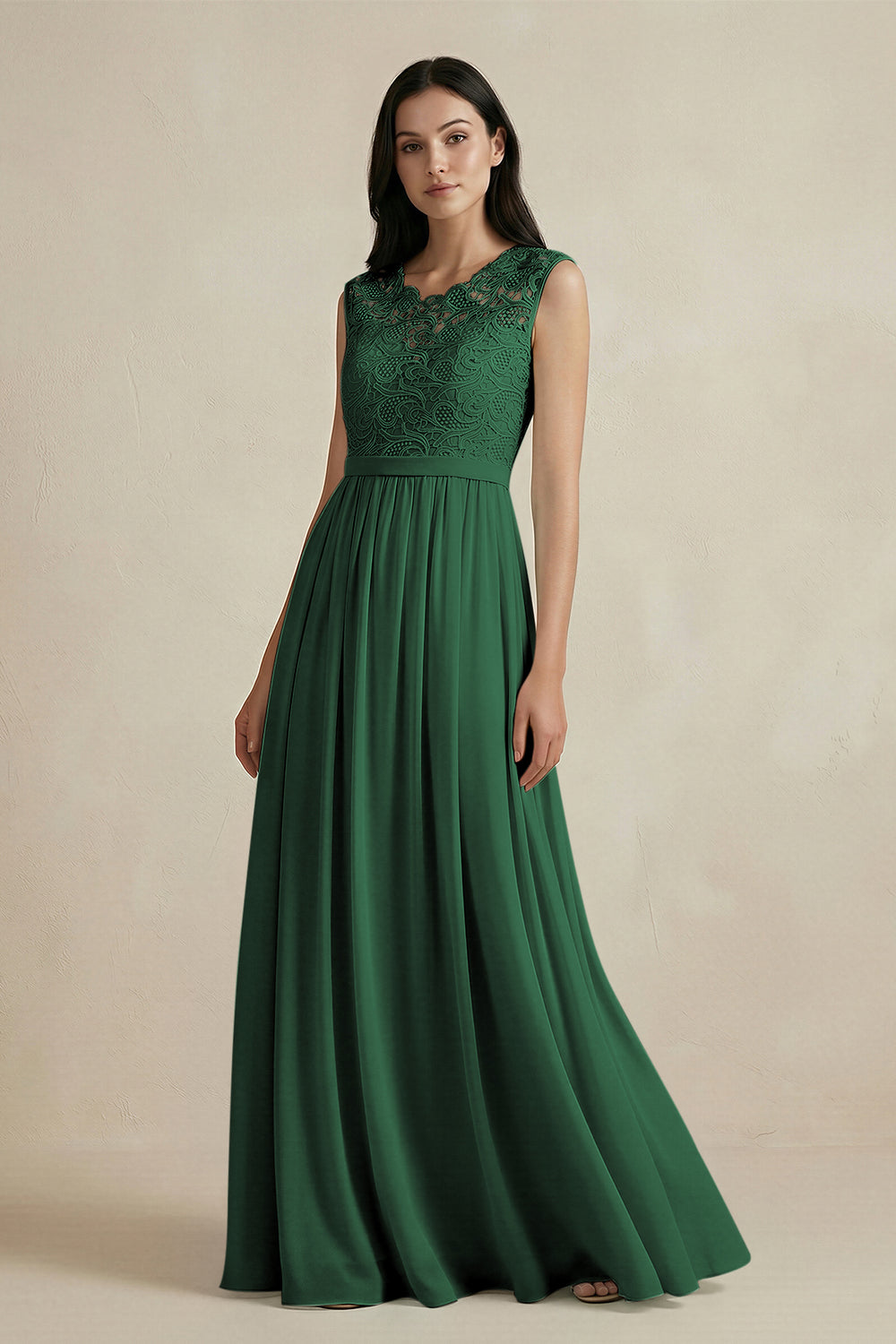 Lace Chiffon A-Line Round Neck Bridesmaid Dress in Dark Green