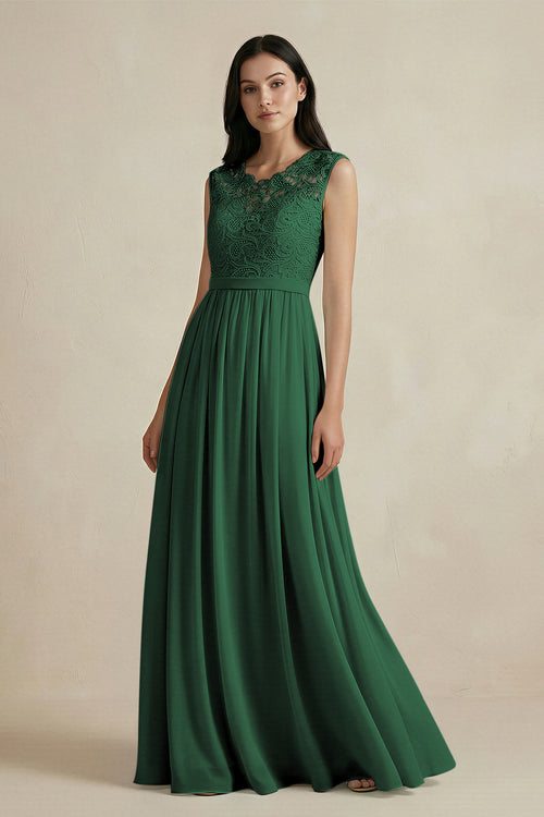 Dark Green Lace Chiffon A-Line Round Neck Bridesmaid Dress | KISSBRIDAL