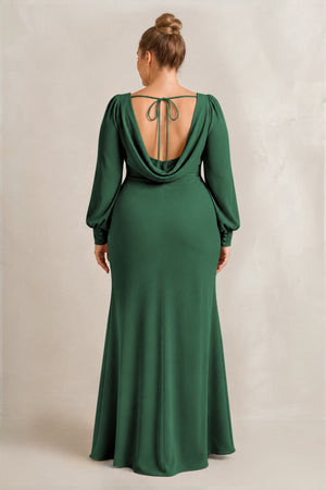Dark Green Long Sleeve V-Neck Sheath Chiffon Bridesmaid Dress (2) [sizeplus] | KISSBRIDAL