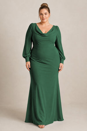 Dark Green Long Sleeve V-Neck Sheath Chiffon Bridesmaid Dress [sizeplus] | KISSBRIDAL