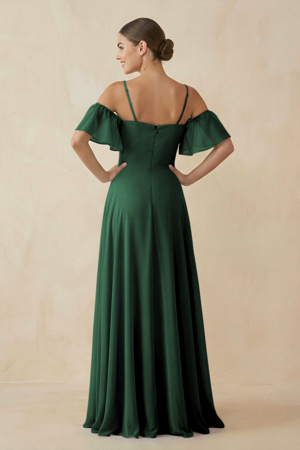 Dark Green Off-the-Shoulder A-Line Chiffon Bridesmaid Dress (2) | KISSBRIDAL