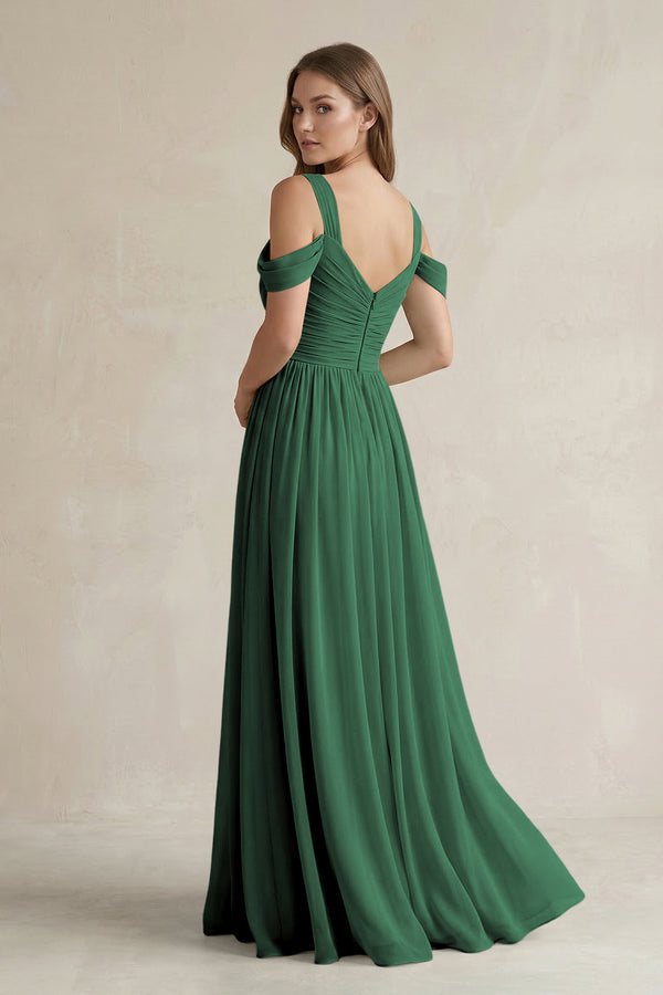 Dark Green Off-the-Shoulder A-Line Chiffon Bridesmaid Dress With Slit (2) | KISSBRIDAL