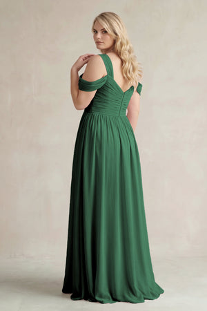 Dark Green Off-the-Shoulder A-Line Chiffon Bridesmaid Dress With Slit (2) | KISSBRIDAL