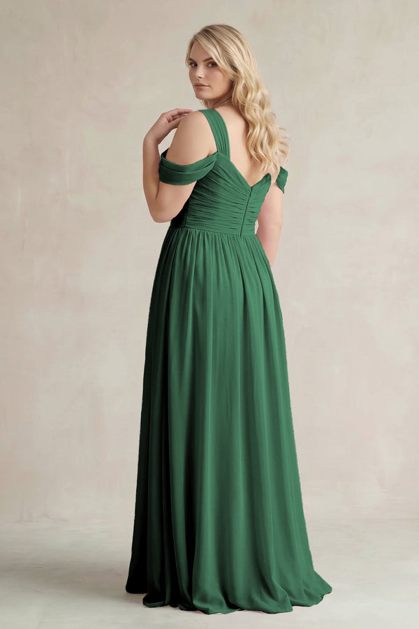 Dark Green Off-the-Shoulder A-Line Chiffon Bridesmaid Dress With Slit (2) | KISSBRIDAL