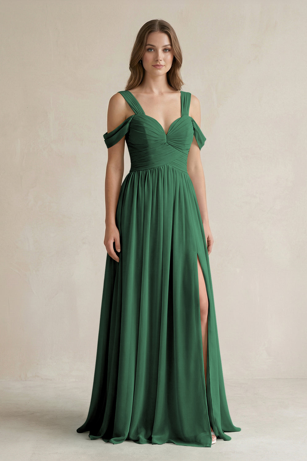 Off-the-Shoulder A-Line Chiffon Bridesmaid Dress With Slit in Dark Green