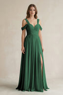 Dark Green Off-the-Shoulder A-Line Chiffon Bridesmaid Dress With Slit | KISSBRIDAL