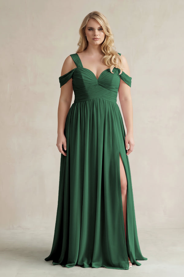 Dark Green Off-the-Shoulder A-Line Chiffon Bridesmaid Dress With Slit | KISSBRIDAL